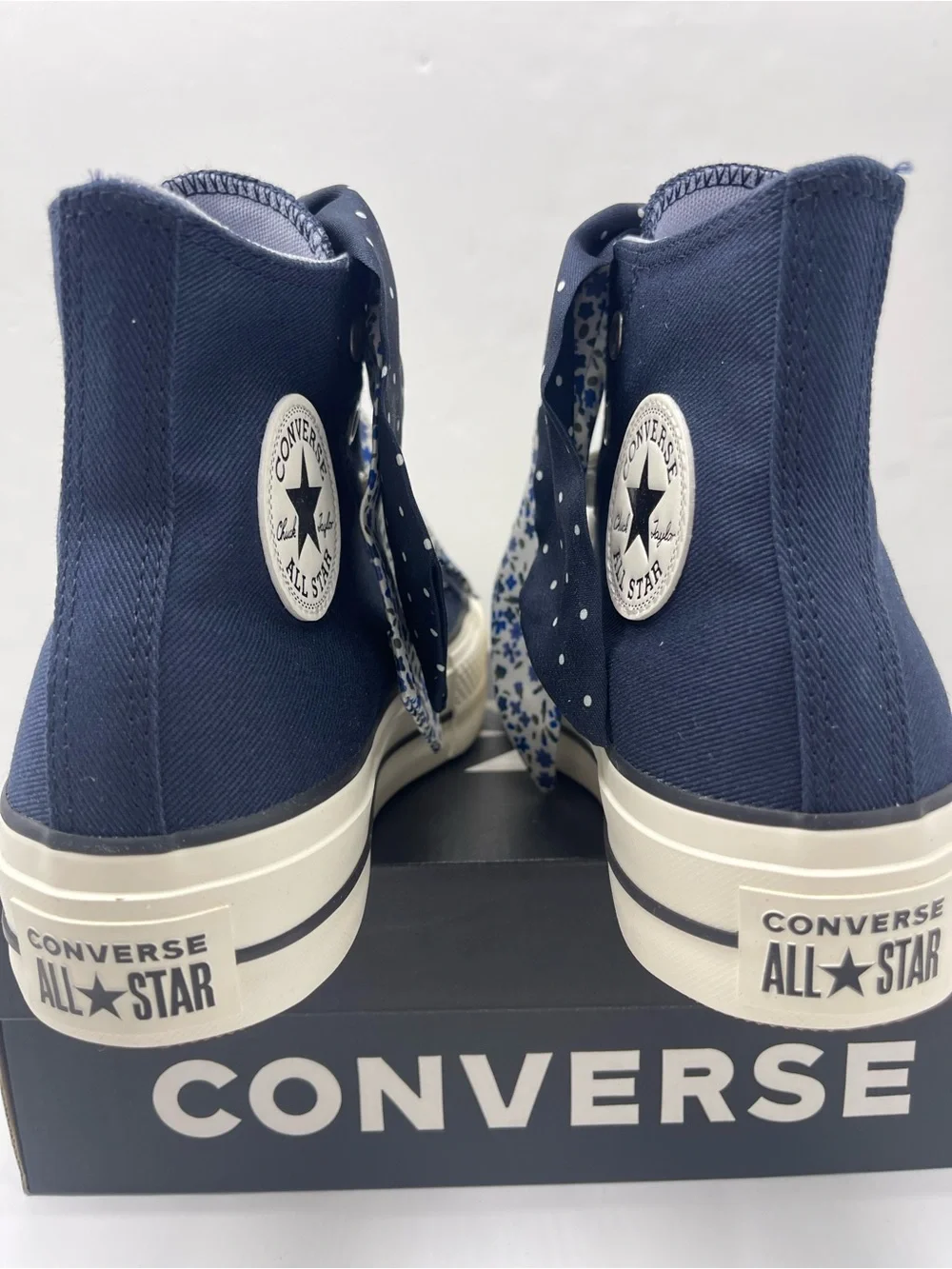 Converse CTAS High Top Platform Sneakers in Navy with Polka-Dot Scarf Laces